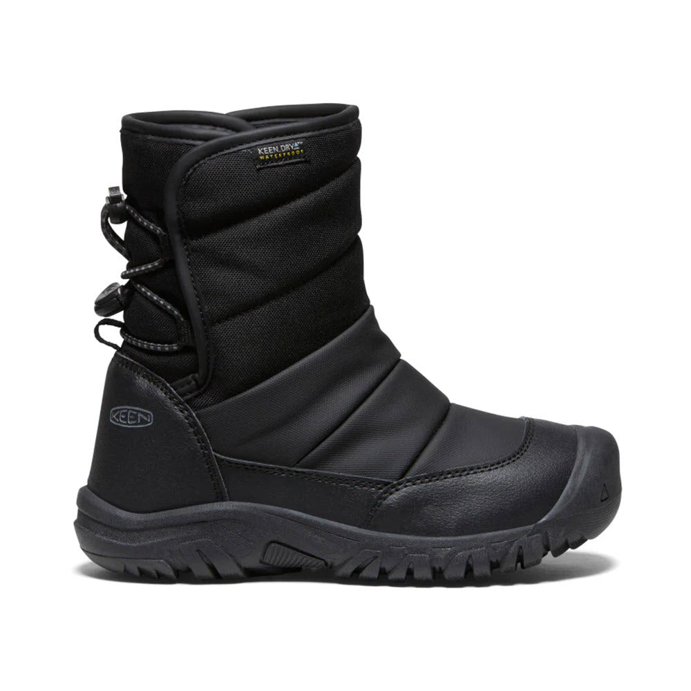 A black Keen brand winter boot with a high ankle, insulated design, and sturdy, waterproof sole.