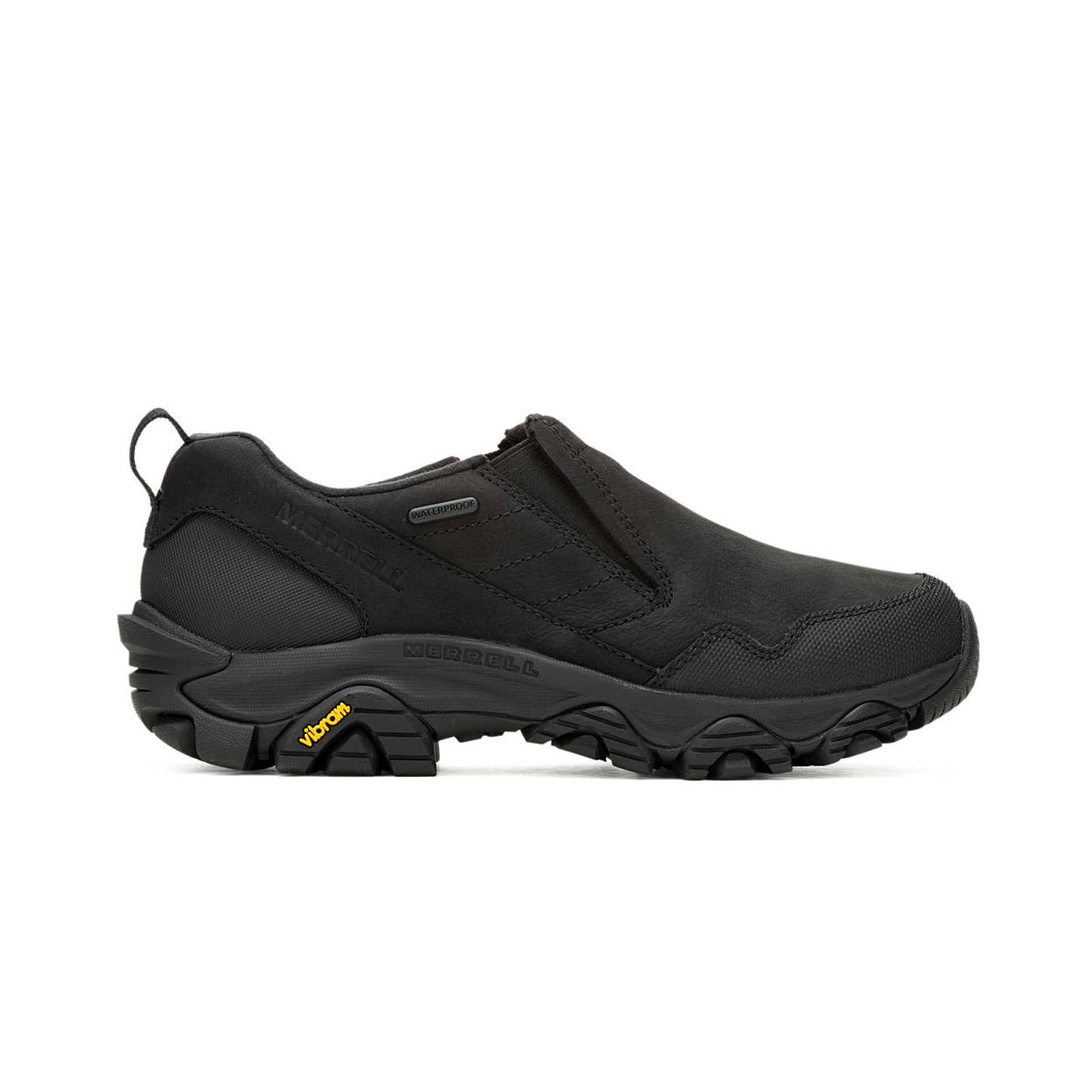 Black Merrell Coldpack 3 Thermo Moc hiking shoe with thick sole and elastic laces featuring waterproof construction, on a white background.