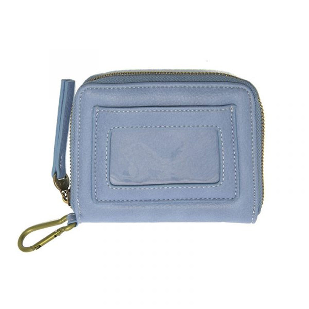Joy Susan Pixie Mini Go Wallet in Sky Blue vegan leather with a wrist strap and gold-tone hardware, isolated on a white background.