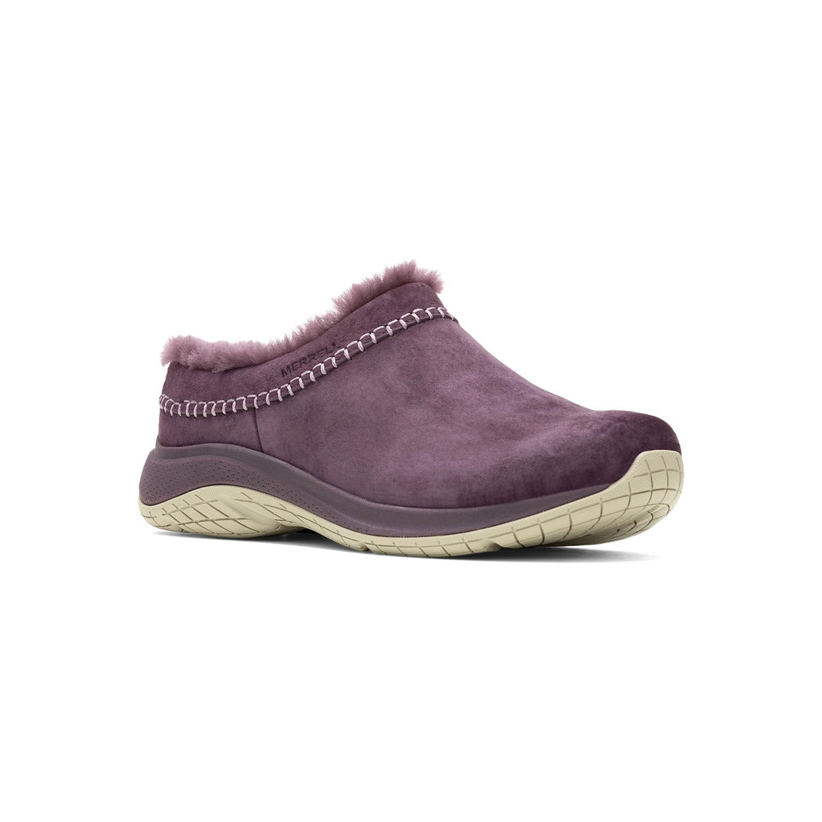 A single Merrell Encore Ice 5 Burgundy slip-on shoe with a cozy sheepskin lining and a light beige rubber sole, displayed against a white background.
