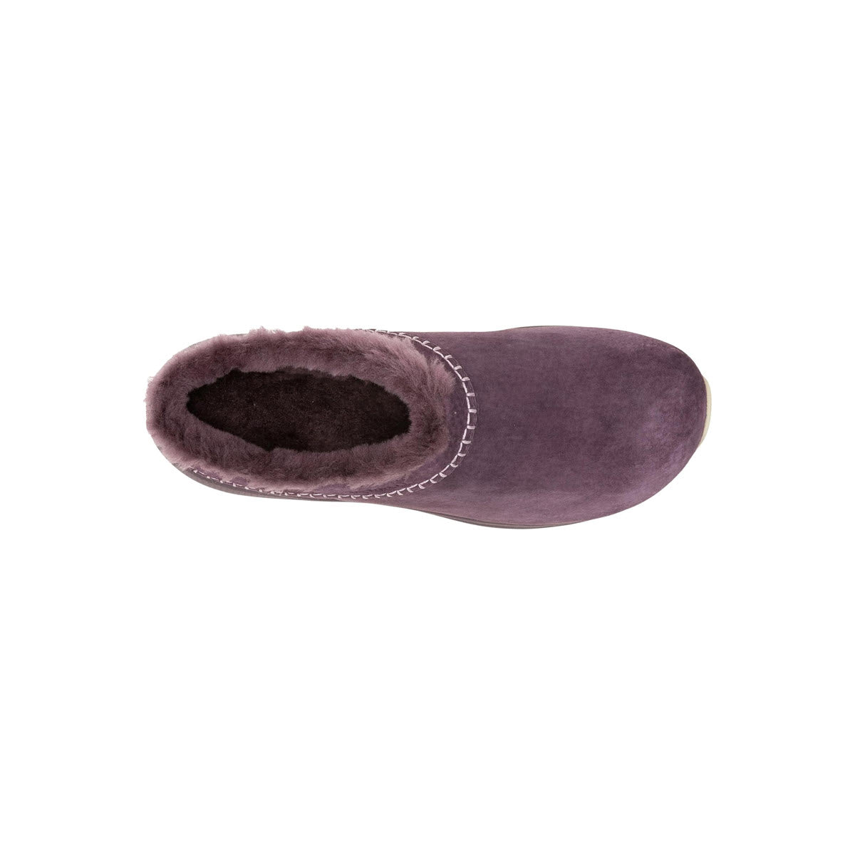 A single Merrell slipper with sheepskin lining and white stitching, isolated on a white background.
