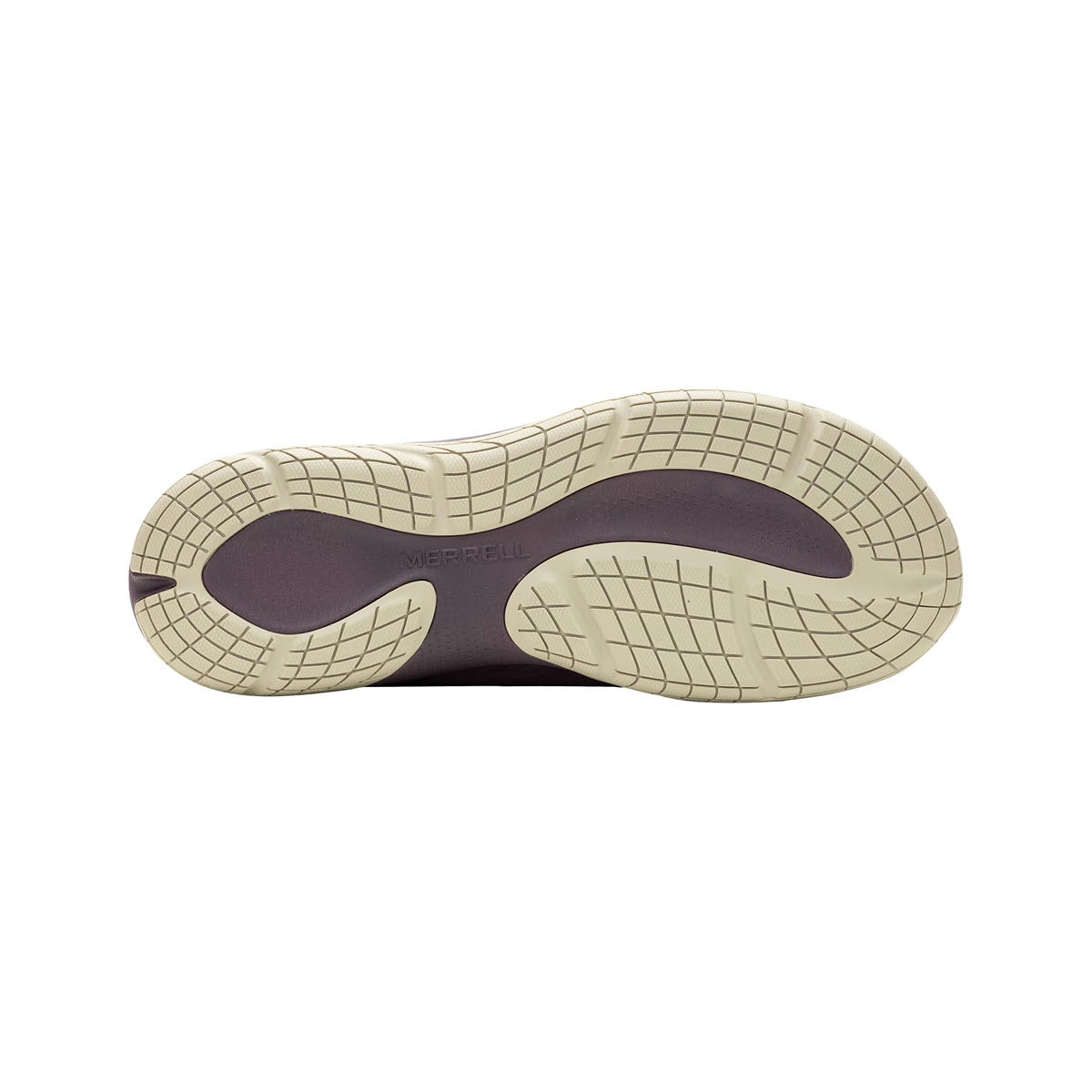 Sole of a beige Merrell Encore Ice 5 shoe with a grid-pattern tread and visible brand imprint &quot;Merrell&quot; in the middle.