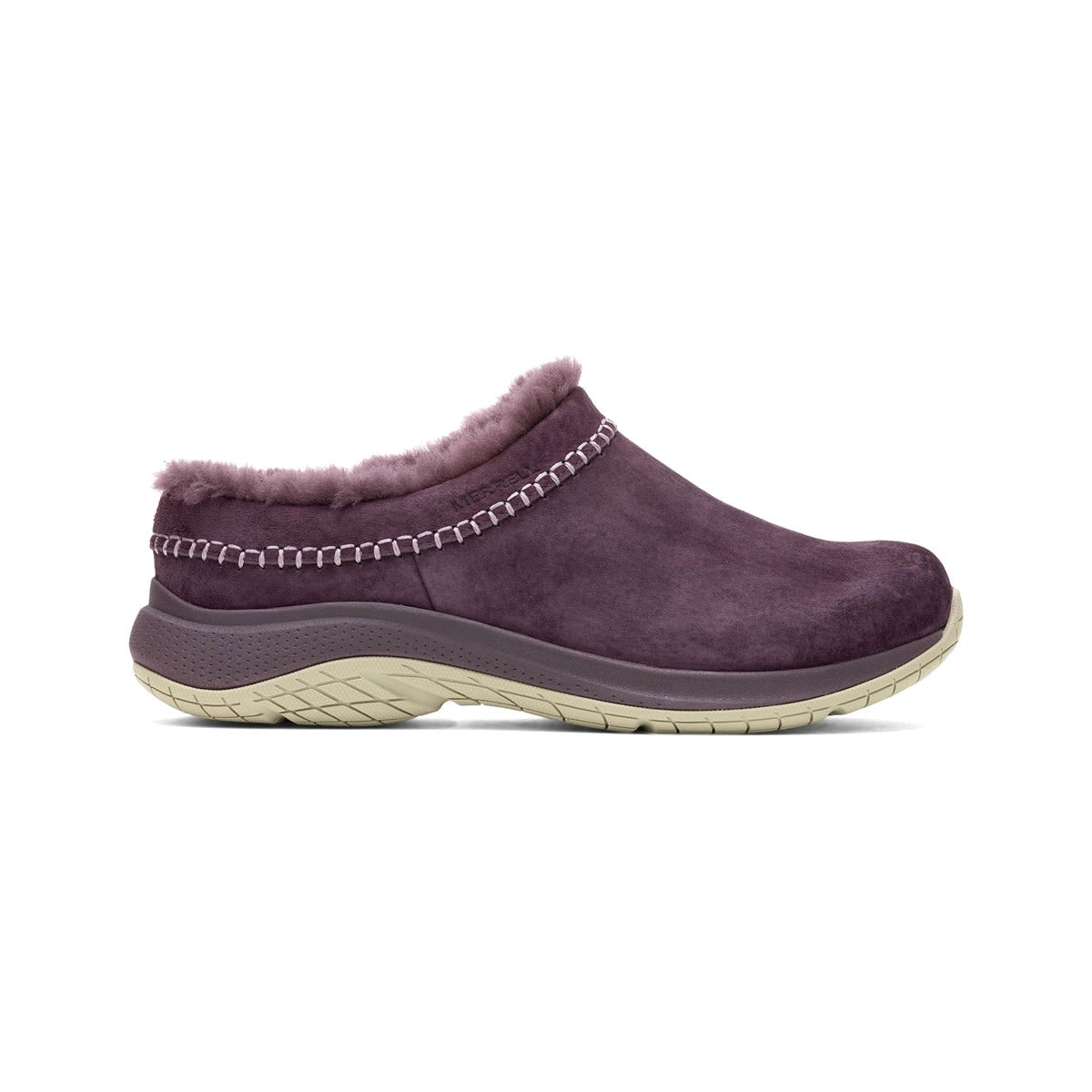 A side view of a single burgundy suede slip-on Merrell Encore Ice 5 with a sheepskin lining and a white rubber sole.