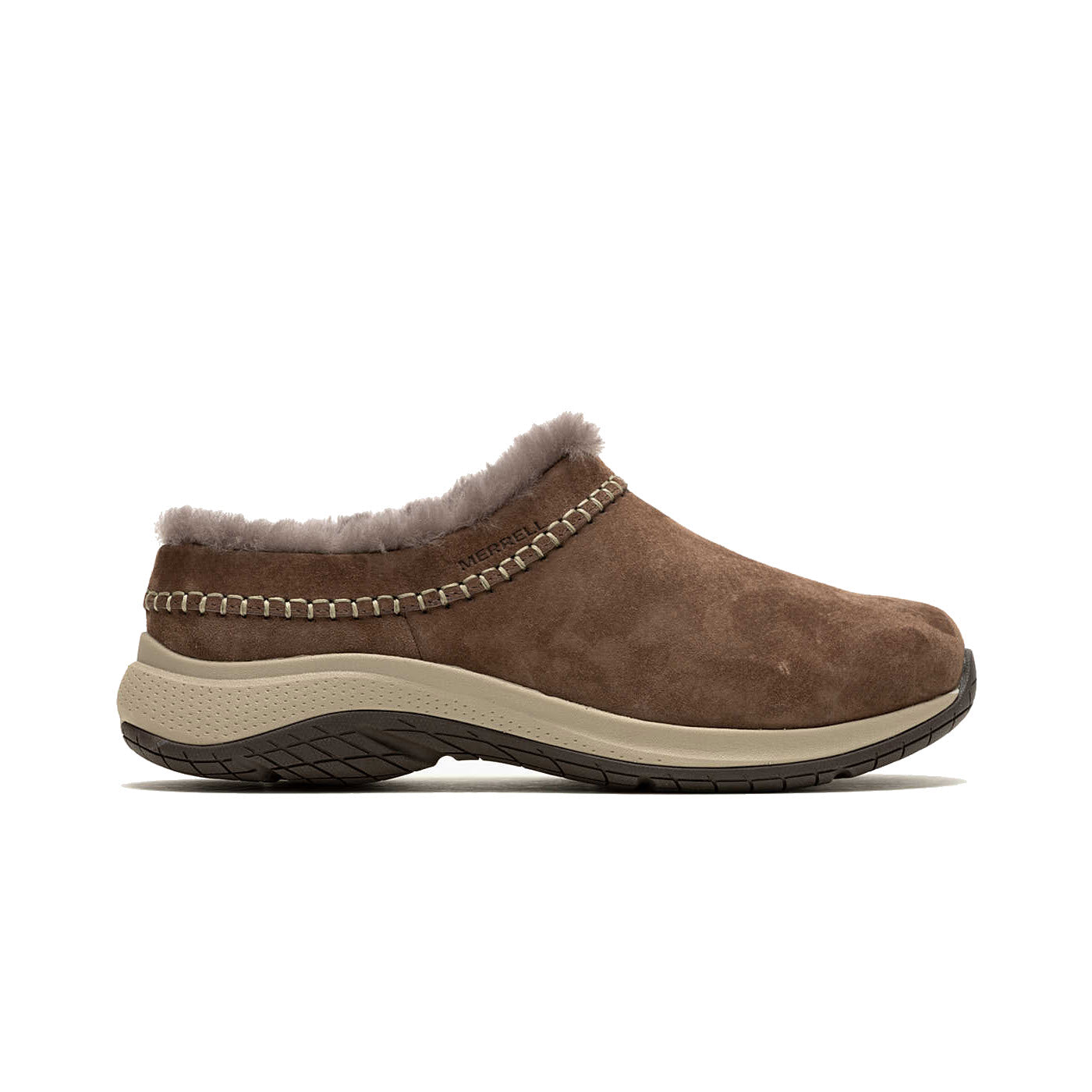 Side view of a Merrell Encore Ice 5 Bracken - Womens with sheepskin lining and a decorative horizontal zipper.