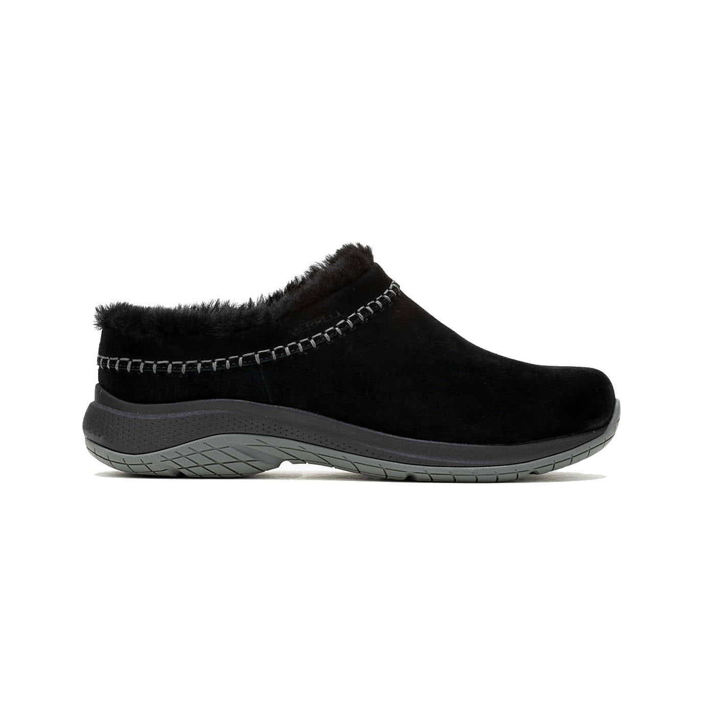 Side view of a black suede Merrell Encore Ice clog with sheepskin lining and gray outsole, designed for winter wear.