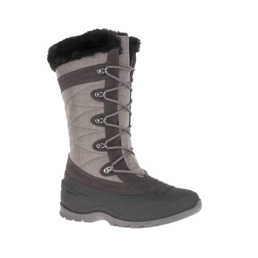 A Kamik winter boot featuring a quilted gray upper, black rubber lower, fleece cuff, and lace-up front on a white background with HEAT-MX technology.