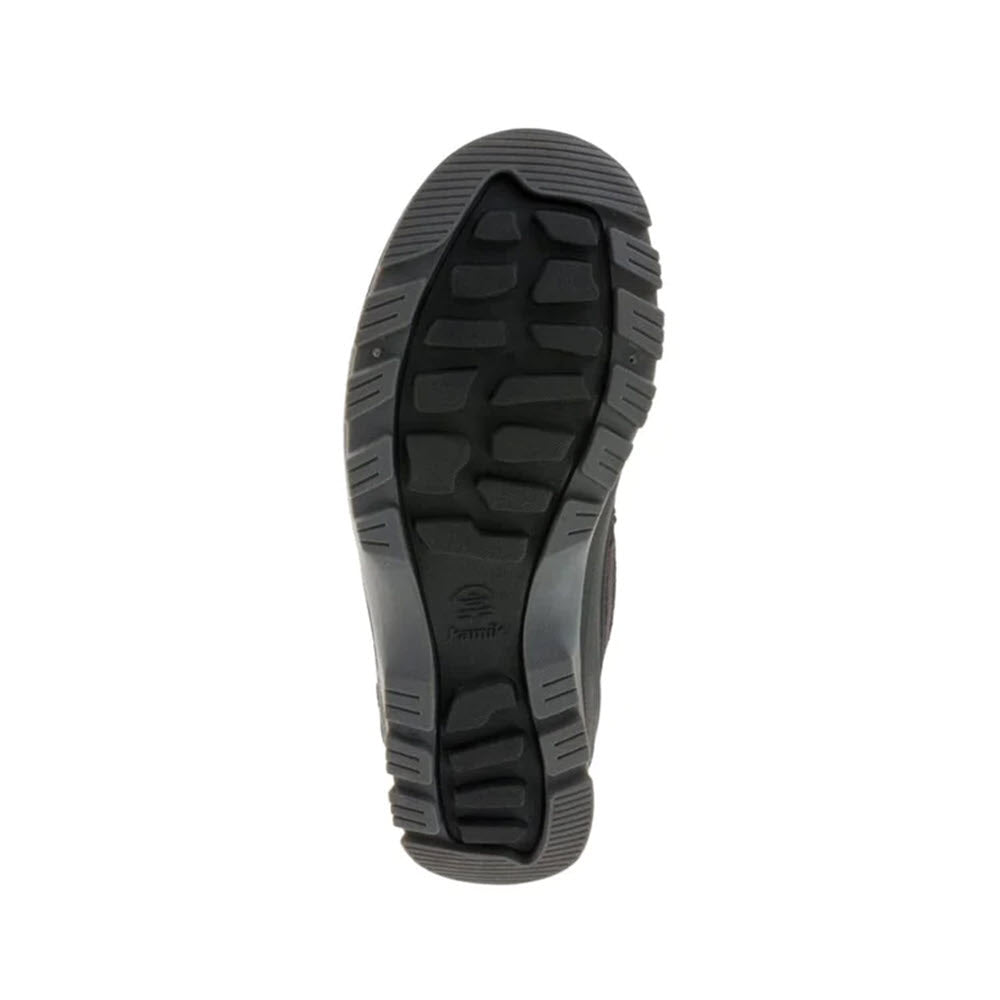 Sole of a black athletic shoe, featuring HEAT-MX technology, showing a treading pattern and visible Kamik logo in the center.