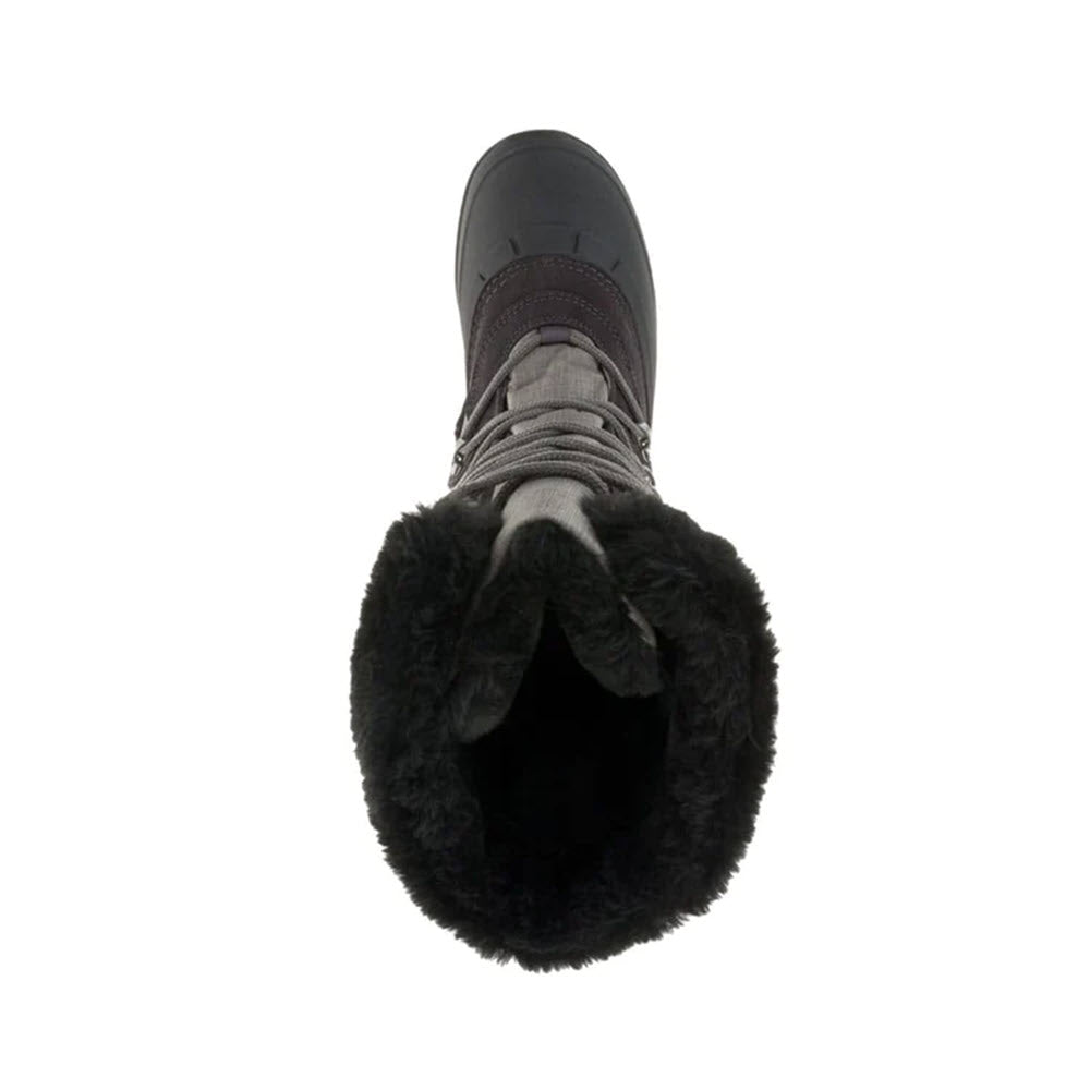 Top view of a single Kamik Snovalley 4 Charcoal - Womens waterproof winter boot with fuzzy lining.