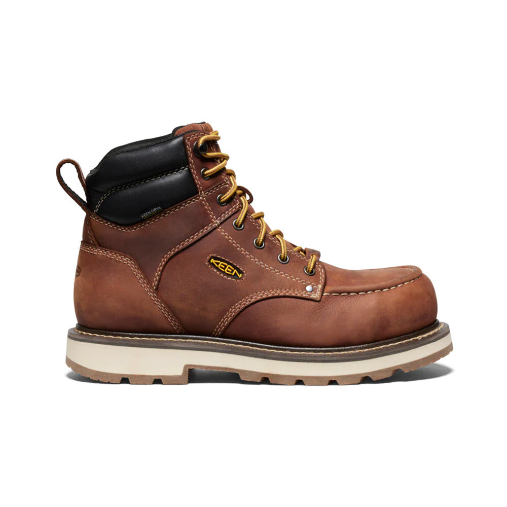 A single brown leather Keen CT Cincinnati 90 Degree 6 Inch Waterproof Tuscan Red Sandshell work boot with black padding at the top, metal eyelets, and a thick rubber sole, featuring a 90° heel, isolated on a white background.