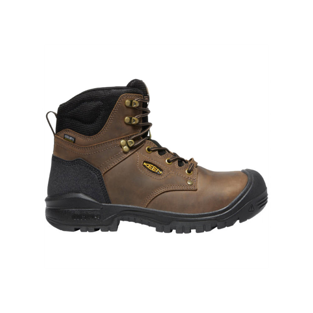 A single brown and black Keen CT Independence 6 Inch Waterproof 400gms Insul Dark Earth Black work boot with metal eyelets and a slip-resistant sole, isolated on a white background.