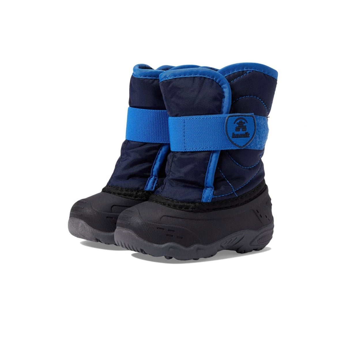 A pair of Kamik SNOWBUG 5 NAVY - TODDLERS blue and black winter boots with velcro straps and waterproof rubber bottoms, isolated on a white background.