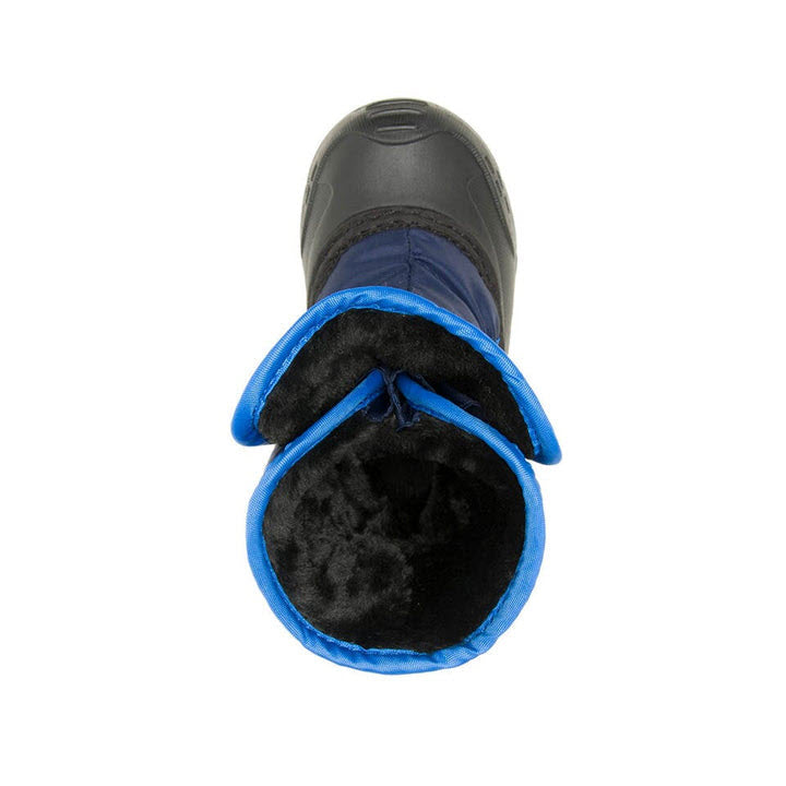 Top view of a black and blue Kamik Snowbug 5 Navy winter boot for toddlers with a thick, fur-lined interior.