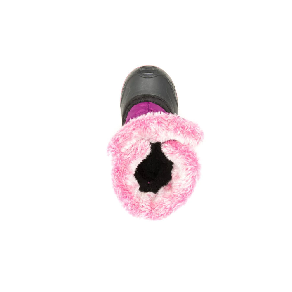 Top view of a single Kamik Snowbug Fur 2 Grape toddler&#39;s winter boot with a pink furry cuff and waterproof rubber bottoms on a white background.