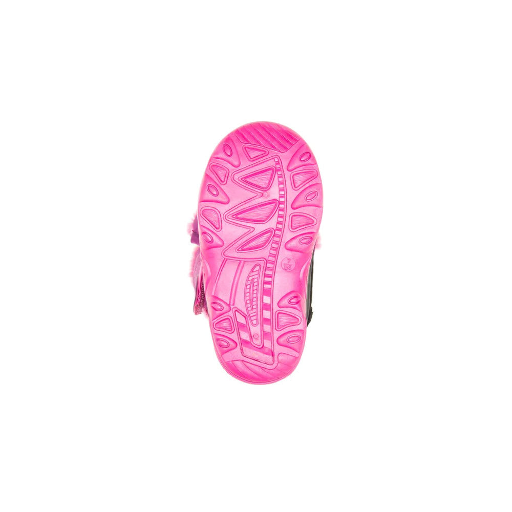 A vibrant pink sole of a Kamik Snowbug Fur 2 Grape - Toddlers sports shoe with intricate tread patterns, isolated on a white background.
