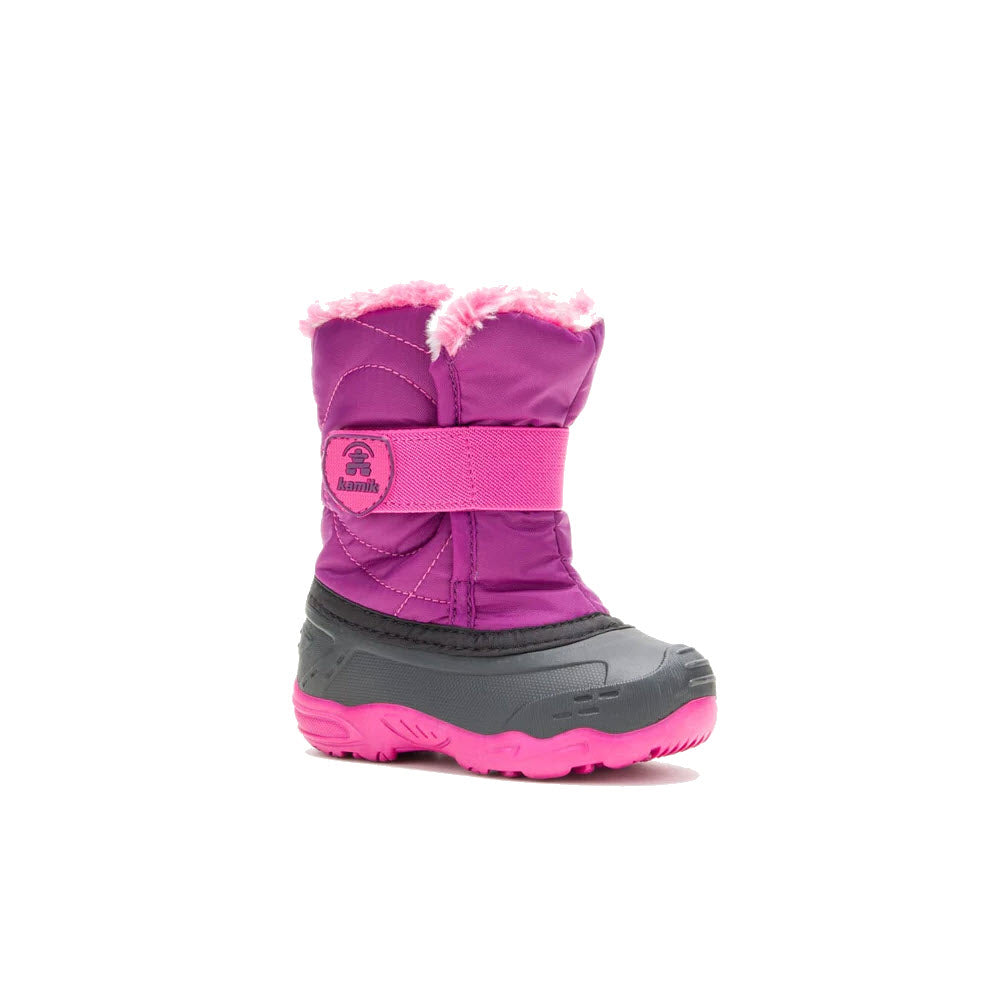 A toddler&#39;s Kamik Snowbug Fur 2 Grape winter boot with a fluffy top and waterproof rubber bottoms, isolated on a white background.