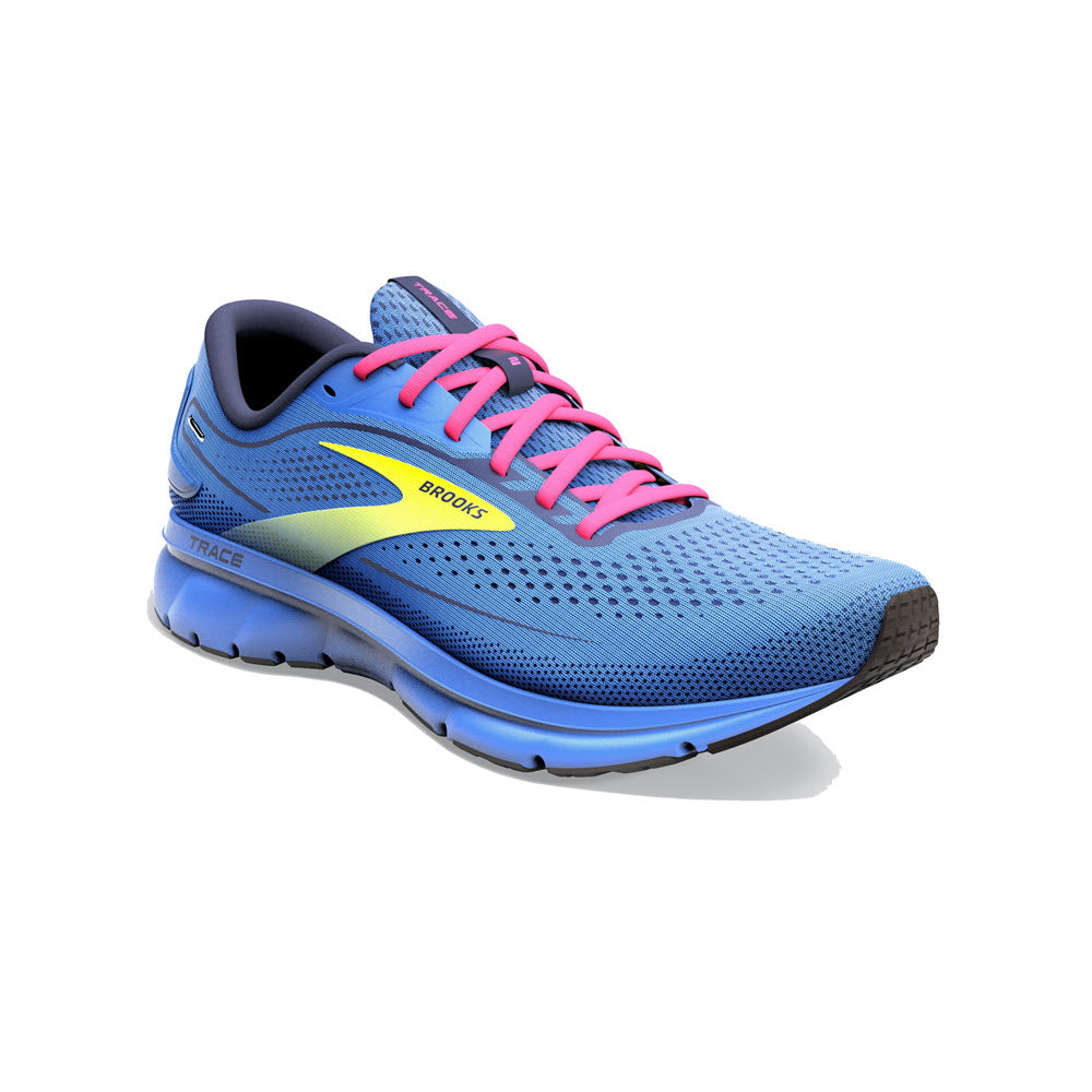 A blue and pink Brooks TRACE 2 BLUE/PINK/NIGHTLIFE - WOMENS Running Shoe on a white background.