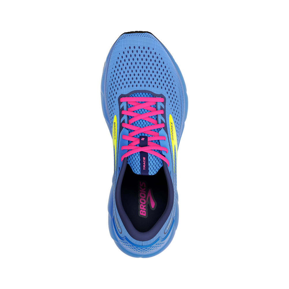 Top view of a Brooks Trace 2 blue running shoe with pink laces and neon yellow accents, featuring air mesh uppers and a cushioned insole.