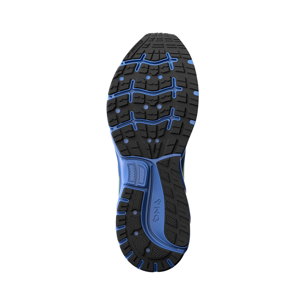 A close-up of the sole of a Brooks Trace 2 Blue/Pink/Nightlife - Womens sports shoe featuring a black, blue, and gray BioMoGo DNA technology tread pattern with text labeling.