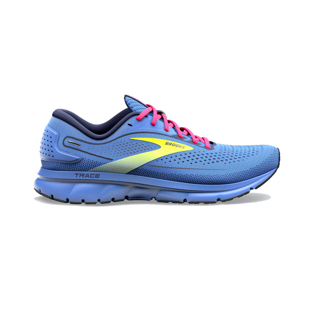 Blue Brooks Women&#39;s Trace 2 Running Shoe with yellow logo and pink laces on a white background used the BROOKS TRACE 2 BLUE/PINK/NIGHTLIFE - WOMENS.