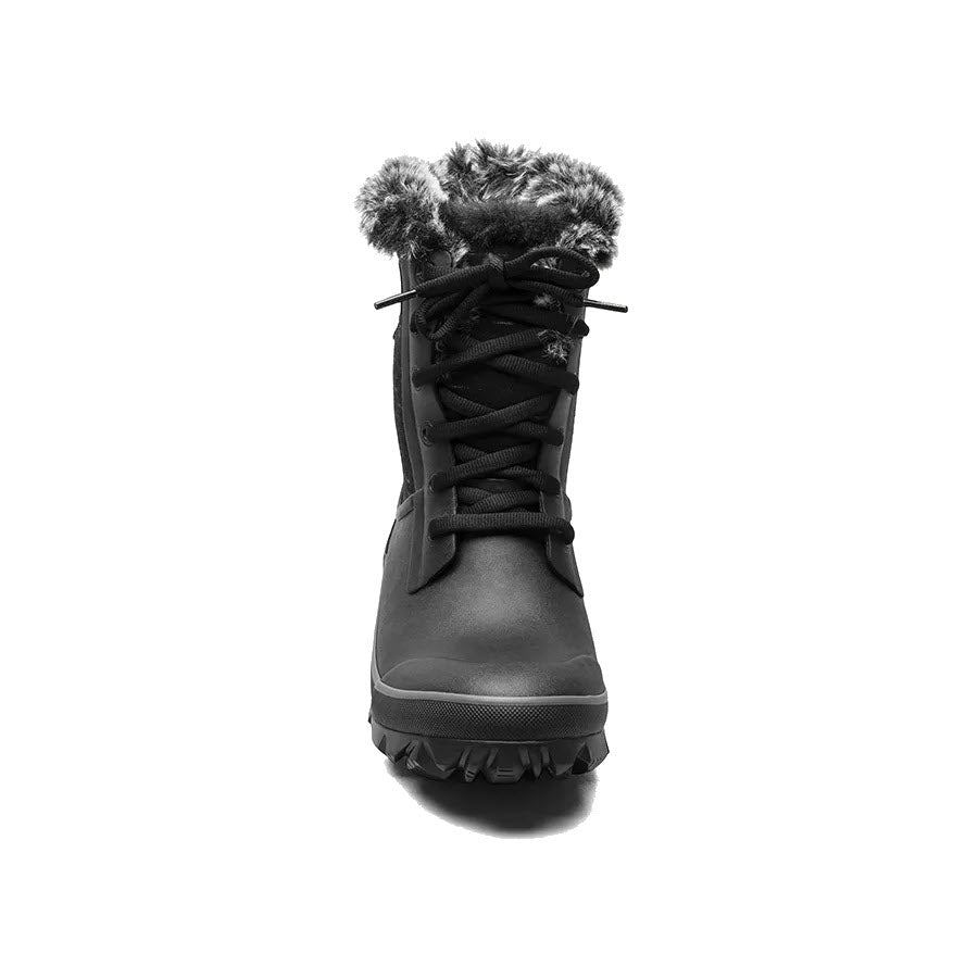 A black winter boot with furry trim and lace-up front, featuring Neo-Tech waterproof insulation, viewed from the front against a white background. 
Product: Bogs Arcata Dash Black - Womens