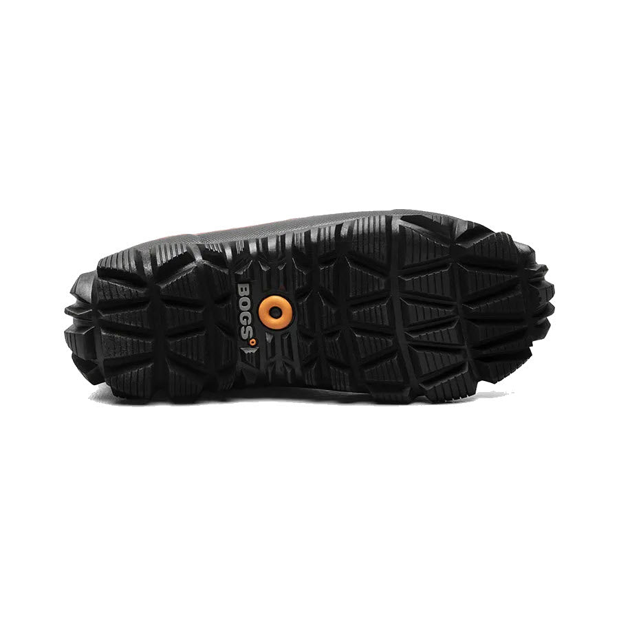 Sole of a black fur-lined Bogs Arcata Dash boot with a textured tread and an orange logo detail on the side.