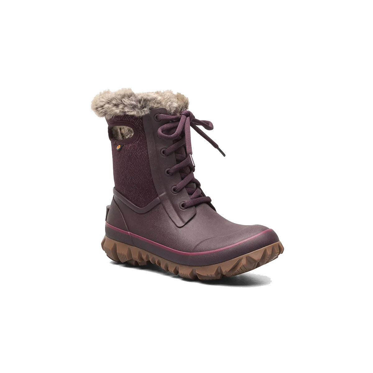 A single plum-colored Bogs Arcata Faded Wine winter boot with fur-lined interior and thick rubber sole, featuring front lacing and a loop on the back.