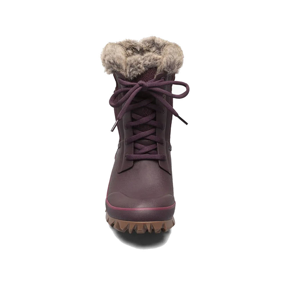 A single plum-colored Bogs Arcata Faded Wine winter boot with fur-lined interior and thick treaded sole, viewed from the front.