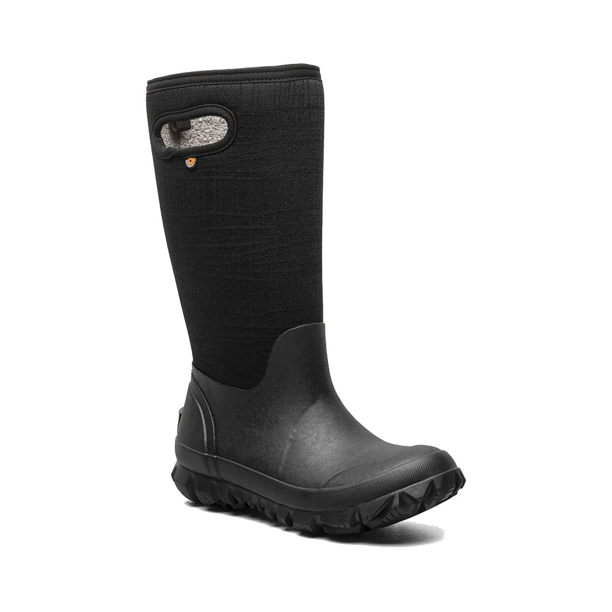 Black rubber boot with a fleece lining and a rugged sole, isolated on a white background.
Product Name: Bogs Whiteout Cracks Black - Womens
Brand Name: Bogs