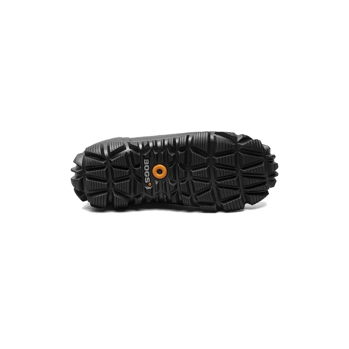 A detailed view of the black rubber sole of a Bogs boot, showing its deep tread pattern and central orange logo, enhanced with comfort rated waterproof insulation.