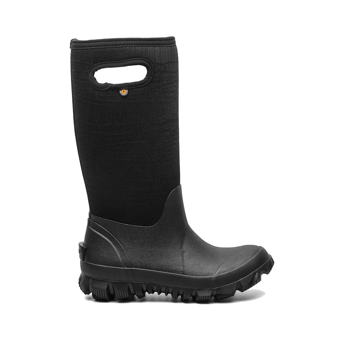 Bogs WhiteOut Cracks Black women&#39;s boot with a tall, textured fabric shaft and a fleece lining, isolated on a white background.