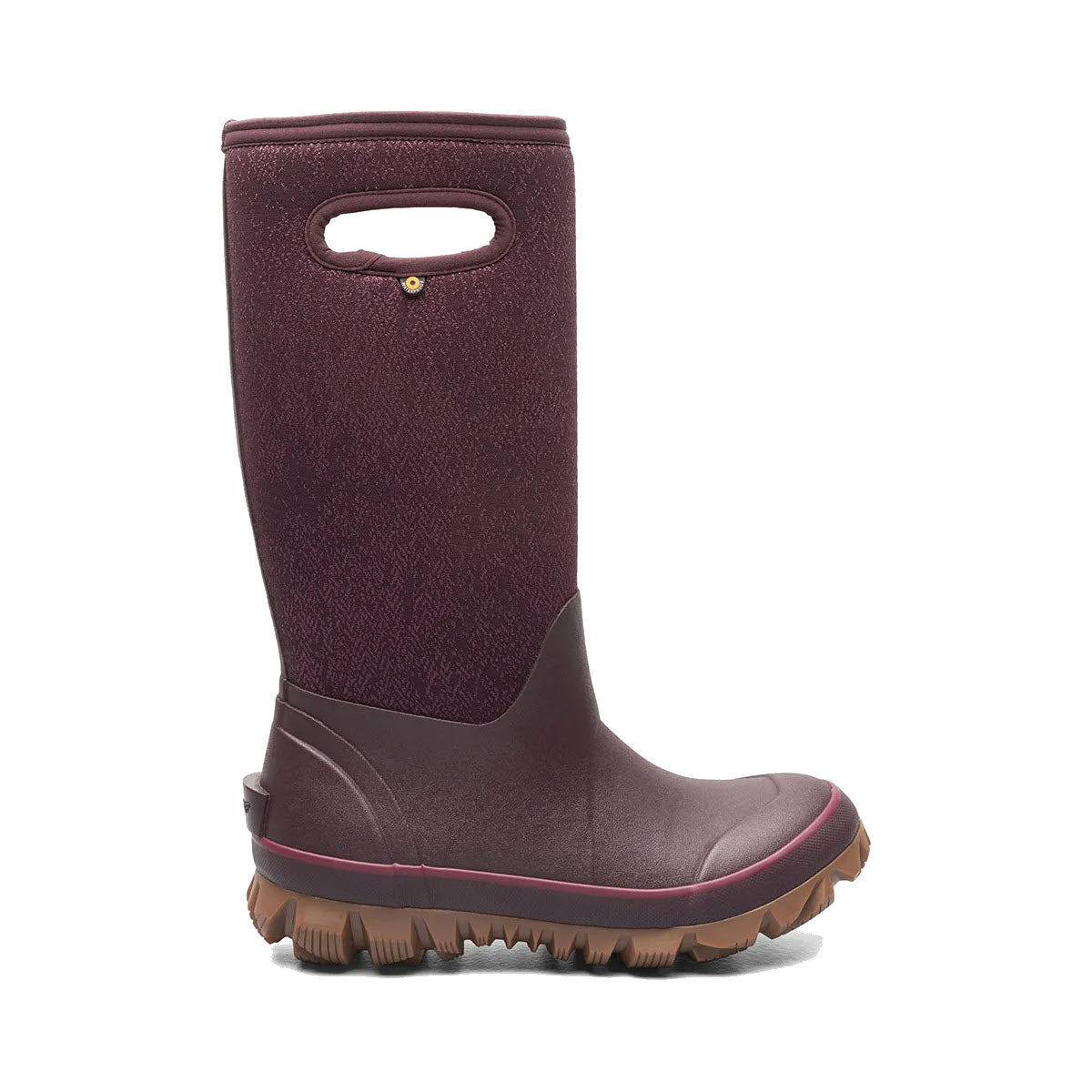 A tall maroon BOGS WHITEOUT FADED WINE - WOMENS rain boot with a textured finish, handle on the upper part, waterproof insulation, and a rugged sole.