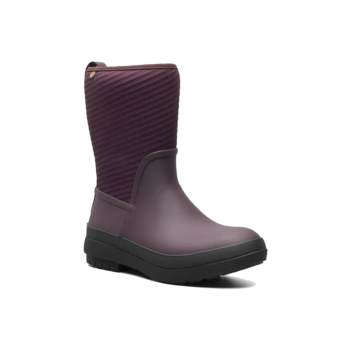 A single purple mid-calf Bogs Crandall II Mid Zip Wine snow boot with textured fabric upper and a smooth lower section, set against a white background.