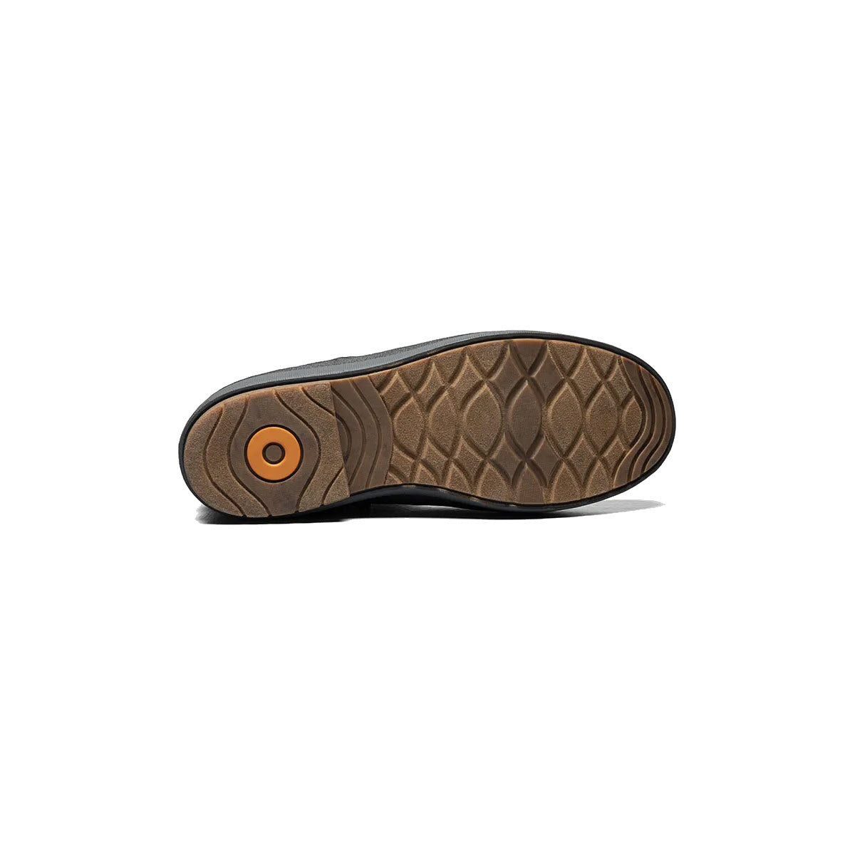 Sentence with replacement: Sole of a Bogs women&#39;s snow boot featuring a brown tread pattern with a circular orange logo, displayed against a white background.