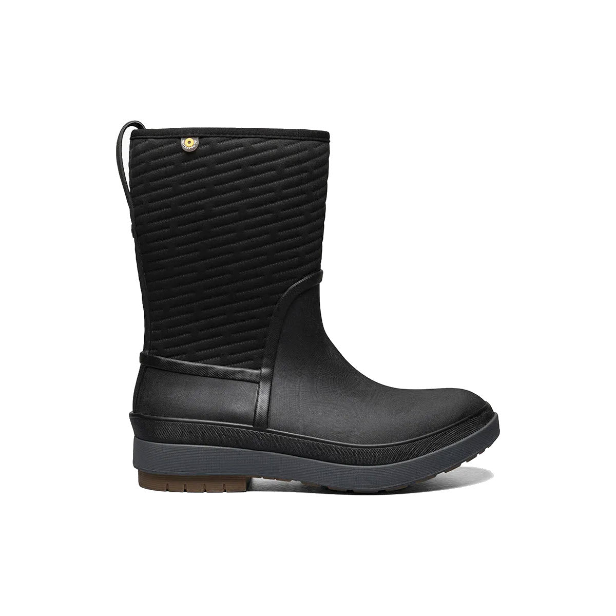 A Bogs Crandall II Mid Zip Black - Women's snow boots with a low heel and a round toe, displayed against a white background.