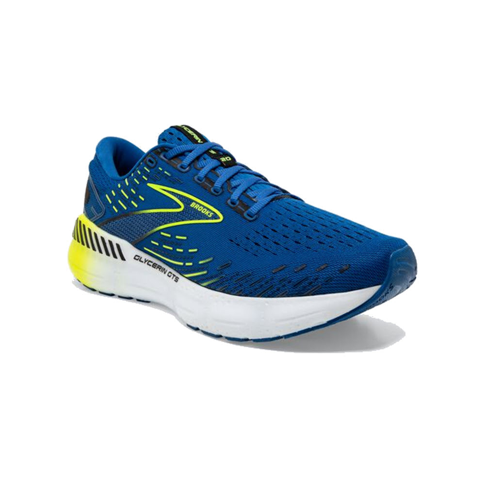 Brooks Glycerin GTS 20 blue running shoe with yellow accents and GuideRails support technology, displayed on a white background.