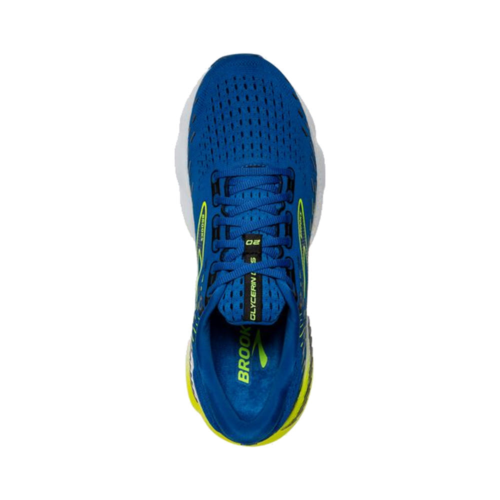Top view of a blue Brooks Glycerin GTS 20 running shoe with white soles and yellow accents, featuring GuideRails support technology.