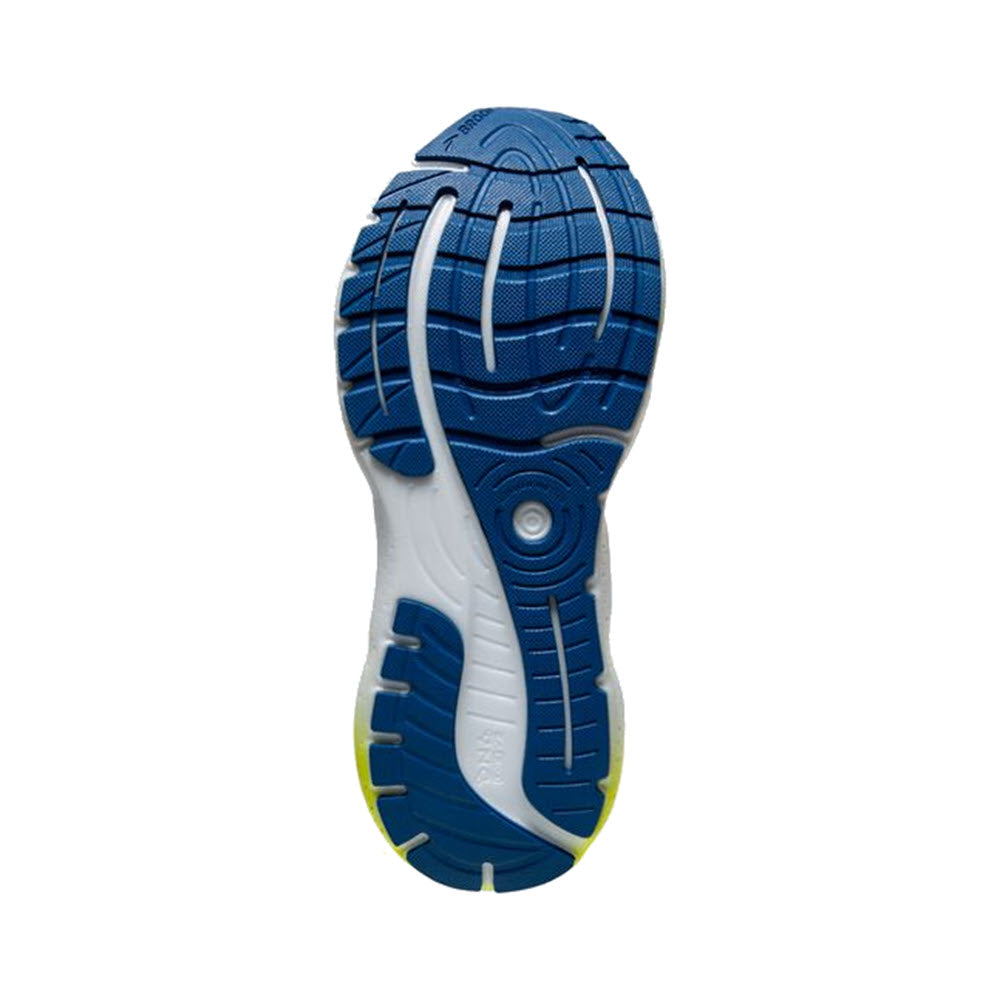 Bottom view of a Brooks Glycerin GTS 20 blue/nightlife/white cushioned running shoe sole with intricate tread patterns and a yellow accent.