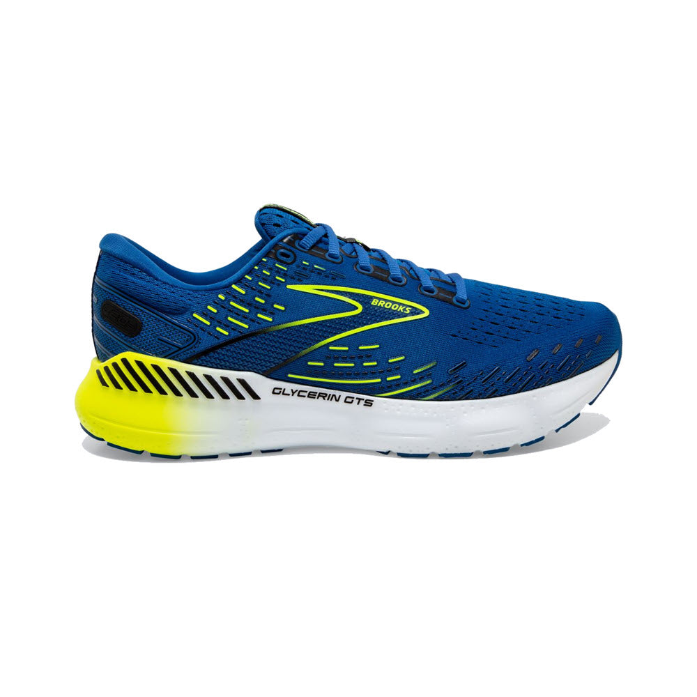 A blue Brooks Glycerin GTS 20 cushioned running shoe with yellow accents on a white background.