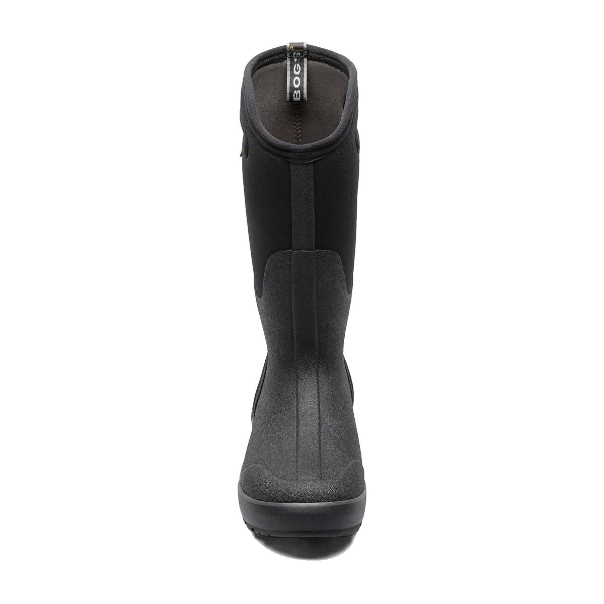 A front view of a Bogs Classic Tall II Black - Womens winter boot with a zipper and round toe, isolated on a white background.