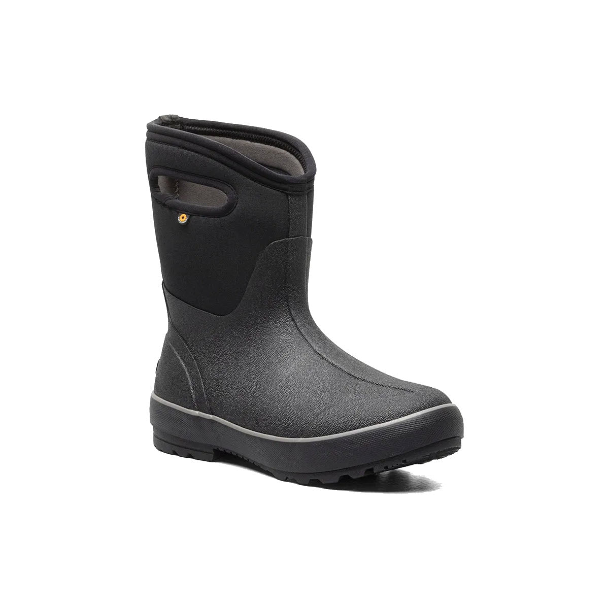 A black Bogs Classic II Mid Black - Womens eco-friendly waterproof boot against a white background.