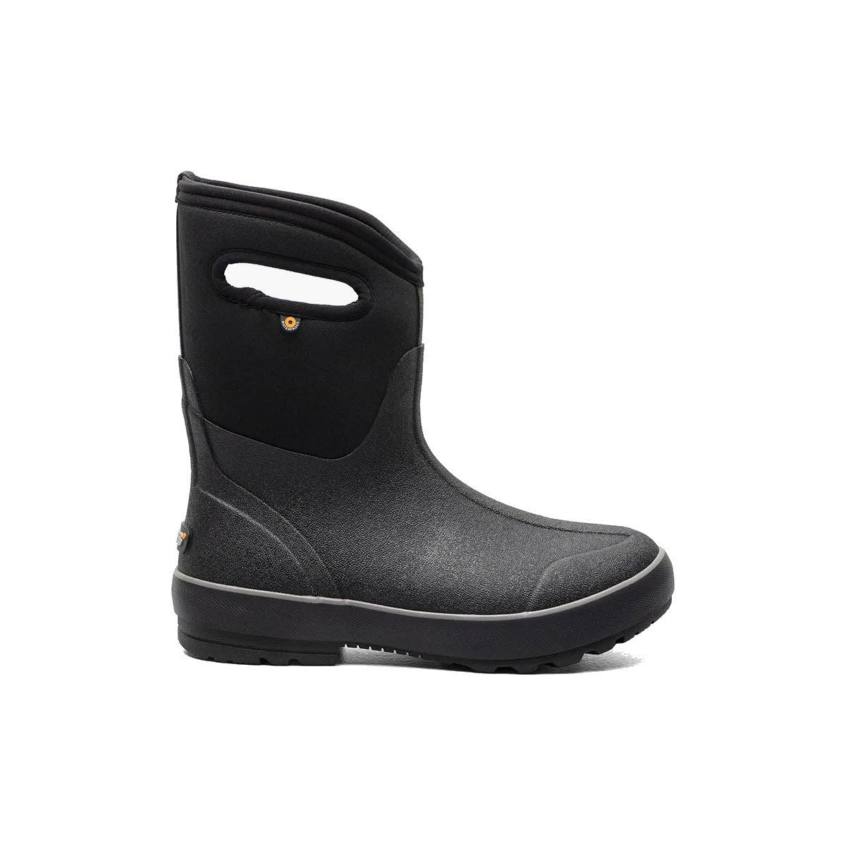 Eco-friendly Bogs Classic II Mid Black winter boot with handle on white background.