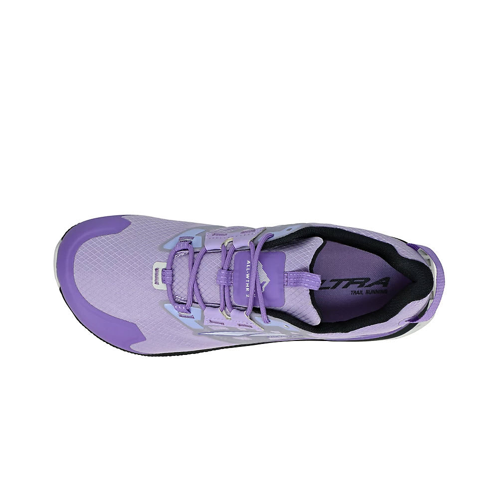 A single Altra Lone Peak All-Wthr Low 2 Gray/Purple trail running shoe with hook and loop straps and a MaxTrac™ outsole, viewed from above.