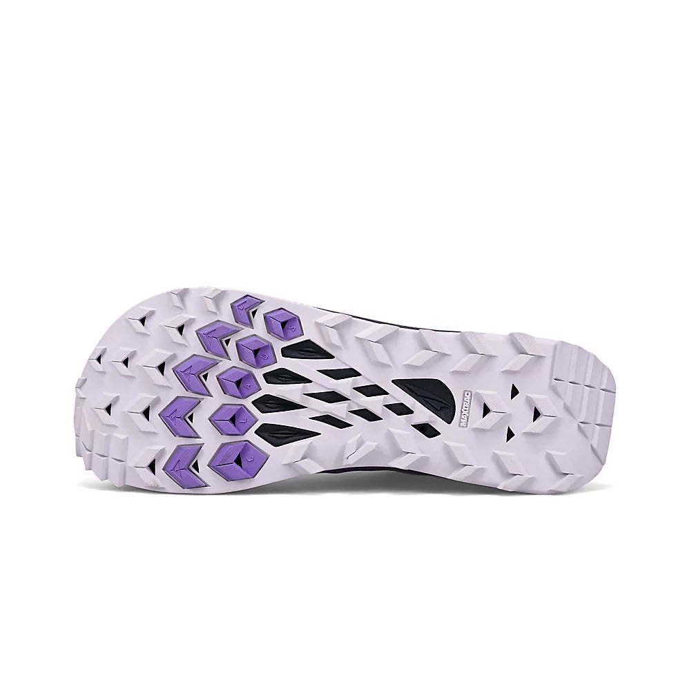 Water-resistant ALTRA LONE PEAK ALL-WTHR LOW 2 GRAY/PURPLE - WOMENS hiking boot sole featuring a MaxTrac™ outsole with purple accents on a white background.