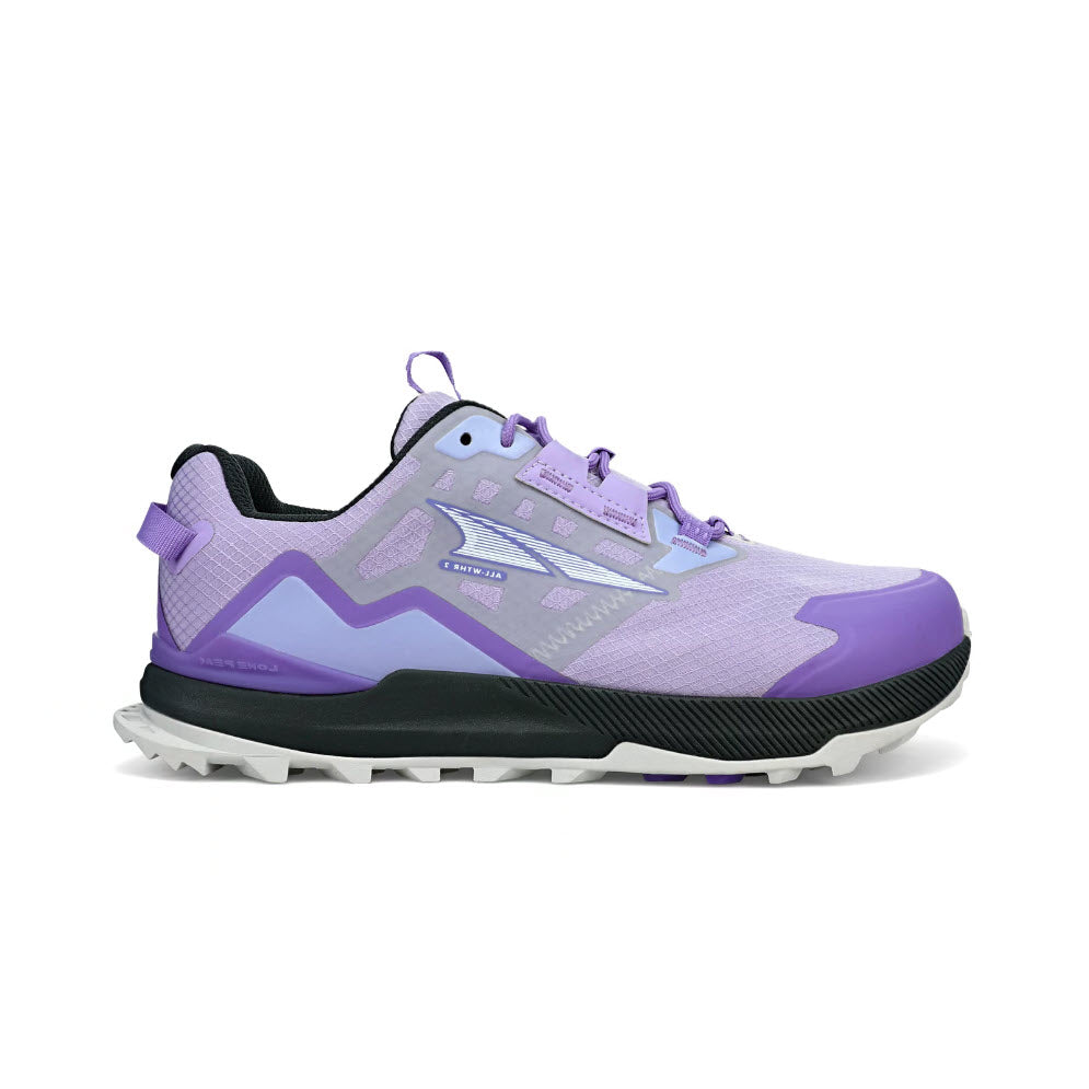 A purple and gray ALTRA LONE PEAK ALL-WTHR LOW 2 trail running shoe with a MaxTrac™ outsole and a lace-up front, isolated on a white background.