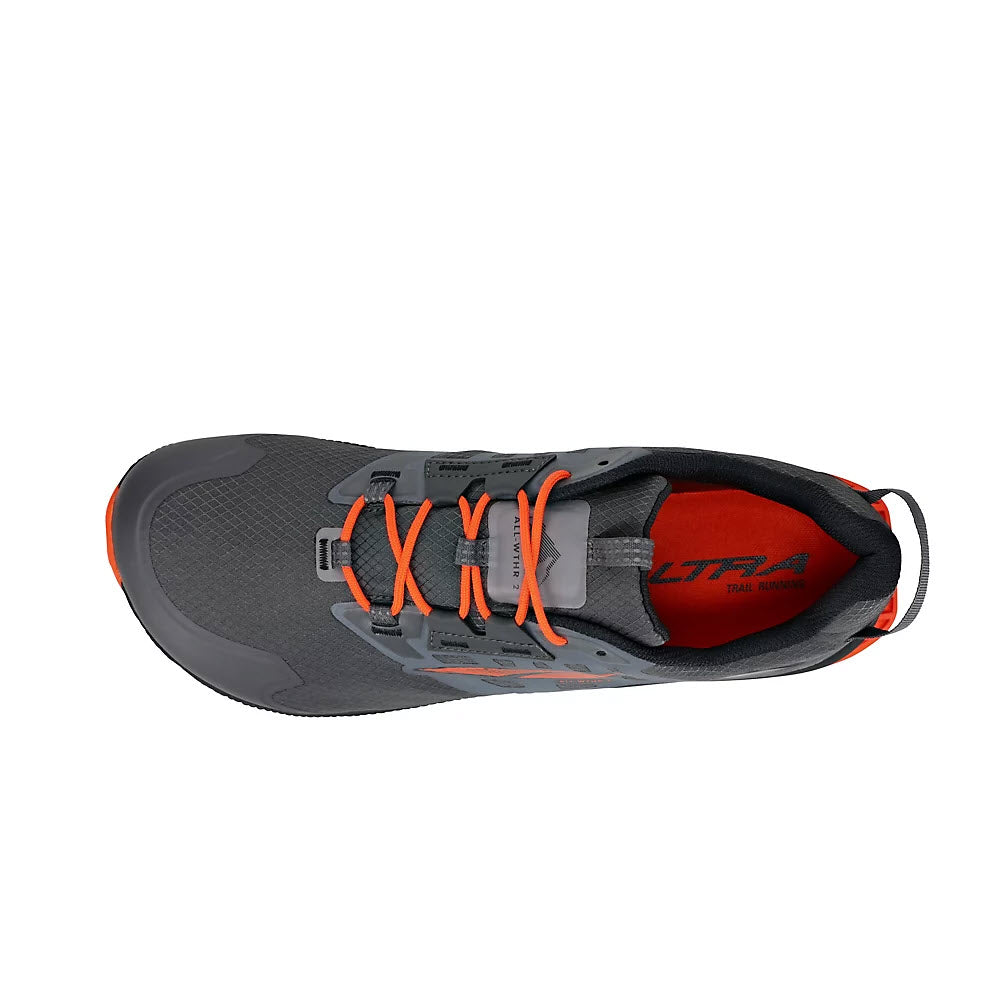 Top view of a water-resistant hiking boot with orange laces and a red insole, branded &quot;ALTRA LONE PEAK ALL-WTHR ATR 7 GRAY/ORANGE - MENS.