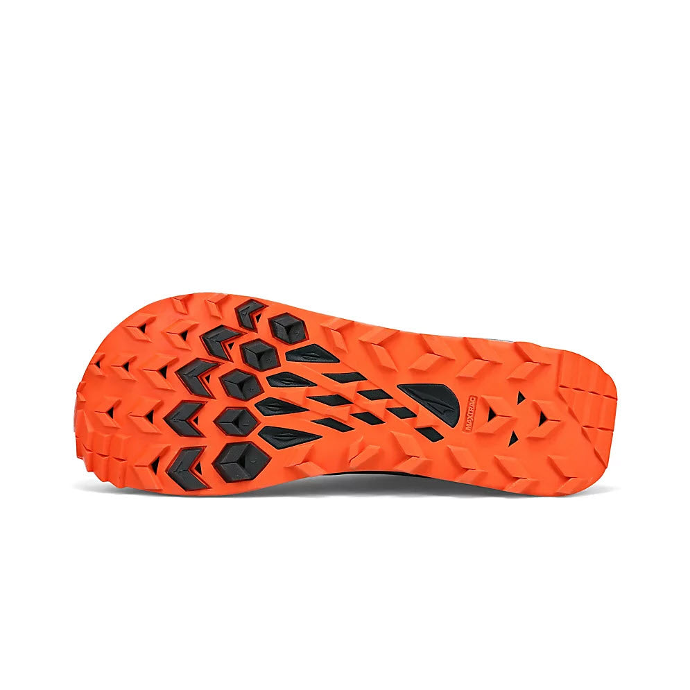 Bottom view of a vibrant orange Altra Lone Peak ALL-WTHR ATR 7 featuring an aggressive tread pattern and hexagonal lugs.
