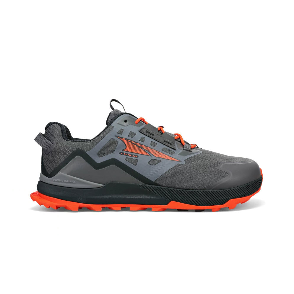 A modern trail running shoe with a gray upper, black details, and bright orange soles, featuring rugged tread and lace-up closure with Altra Lone Peak All-Wthr ATR 7 Gray/Orange - Mens midsole foam.