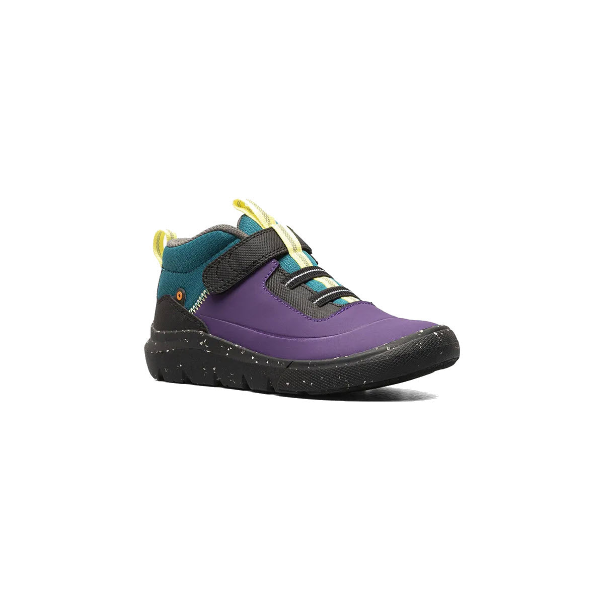 Child&#39;s BOGS SKYLINE KICKER MID PURPLE MULTI - K hiking boot isolated on a white background, featuring purple and blue tones with yellow laces and rubber soles.