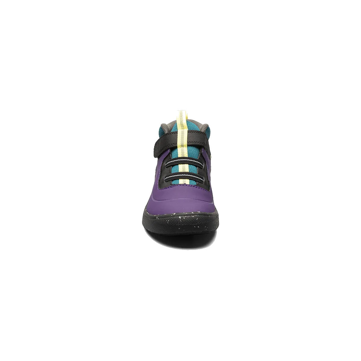 A single Bogs Skyline Kicker Mid Purple Multi - K child&#39;s shoe with a purple top, black sole, and multicolored laces featuring a hook and loop closure, viewed from the front on a white background.