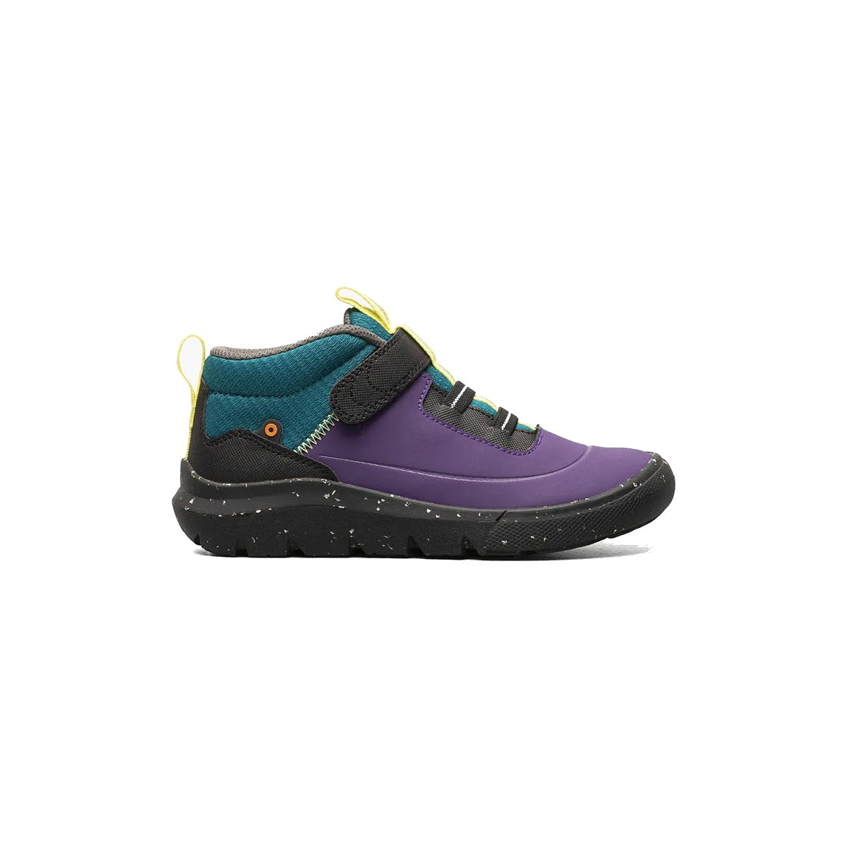 A colorful children&#39;s shoe featuring a purple upper, teal ankle padding, and a thick black sole, with a yellow pull tab and a hook and loop closure is the BOGS SKYLINE KICKER MID PURPLE MULTI-K by Bogs.